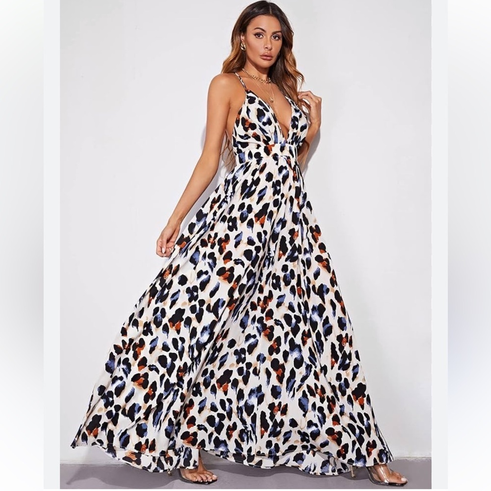 SHEIN all over print long FULL skirt dress criss cross open back DEEP V front 10 - Picture 4 of 15